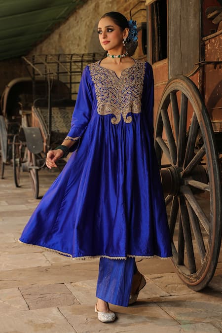 Shop_Label Niti Bothra_Blue Silk, Cotton Zari, Embroidery Split Resham Yoke Anarkali With Palazzo _Online_at_Aza_Fashions