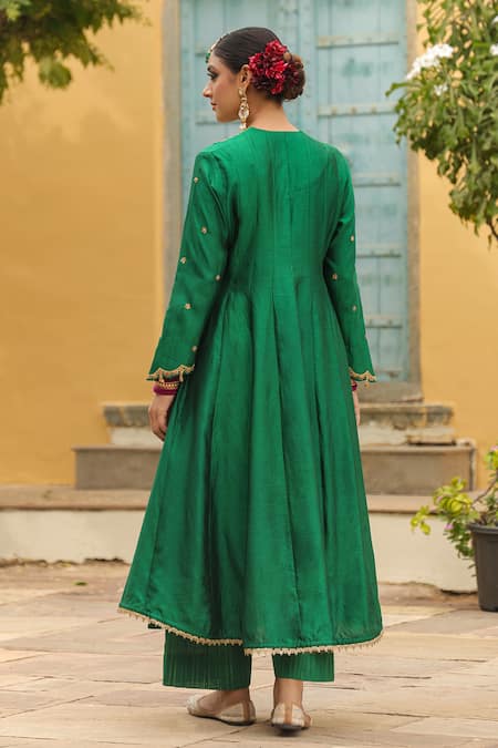 Shop_Label Niti Bothra_Green Brocade, Cotton Embroidery, Zari Split Floral Yoke Anarkali With Palazzo _at_Aza_Fashions