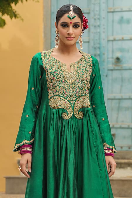 Label Niti Bothra_Green Brocade, Cotton Embroidery, Zari Split Floral Yoke Anarkali With Palazzo _Online_at_Aza_Fashions