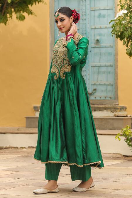 Shop_Label Niti Bothra_Green Brocade, Cotton Embroidery, Zari Split Floral Yoke Anarkali With Palazzo _Online_at_Aza_Fashions