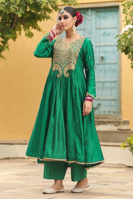 Label Niti Bothra_Green Brocade, Cotton Embroidery, Zari Split Floral Yoke Anarkali With Palazzo _at_Aza_Fashions