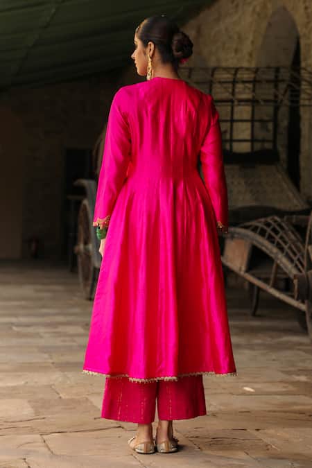 Shop_Label Niti Bothra_Pink Silk, Cotton Zari, Embroidery Split Flower Yoke Anarkali With Palazzo _at_Aza_Fashions