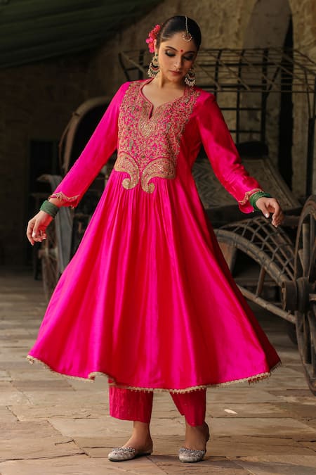 Label Niti Bothra_Pink Silk, Cotton Zari, Embroidery Split Flower Yoke Anarkali With Palazzo _Online_at_Aza_Fashions