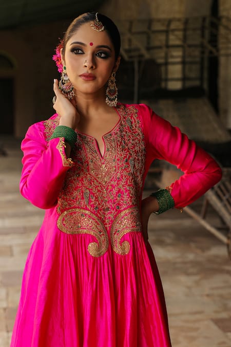 Buy_Label Niti Bothra_Pink Silk, Cotton Zari, Embroidery Split Flower Yoke Anarkali With Palazzo _Online_at_Aza_Fashions
