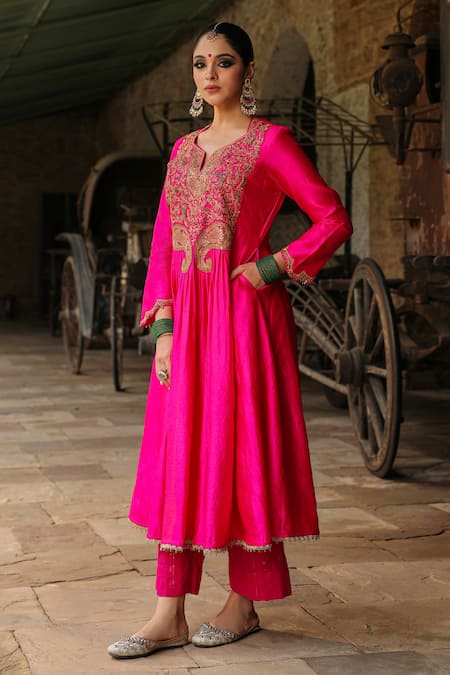 Shop_Label Niti Bothra_Pink Silk, Cotton Zari, Embroidery Split Flower Yoke Anarkali With Palazzo _Online_at_Aza_Fashions