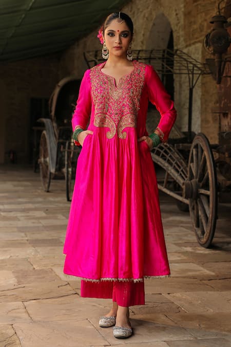 Label Niti Bothra_Pink Silk, Cotton Zari, Embroidery Split Flower Yoke Anarkali With Palazzo _at_Aza_Fashions