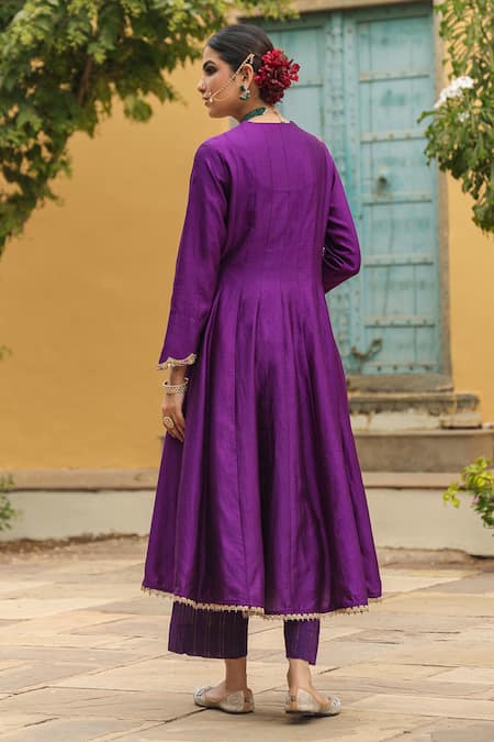 Shop_Label Niti Bothra_Purple Silk, Cotton Embroidery, Zari Split V-neck Yoke Anarkali With Palazzo _at_Aza_Fashions