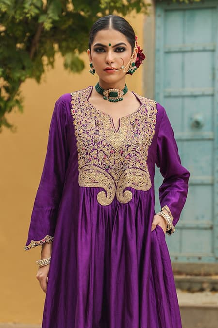 Label Niti Bothra_Purple Silk, Cotton Embroidery, Zari Split V-neck Yoke Anarkali With Palazzo _Online_at_Aza_Fashions