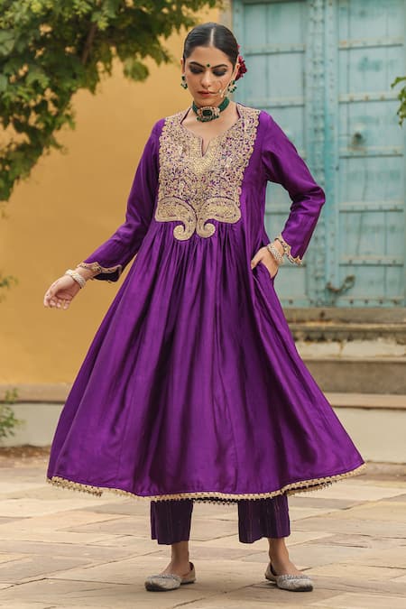 Buy_Label Niti Bothra_Purple Silk, Cotton Embroidery, Zari Split V-neck Yoke Anarkali With Palazzo _Online_at_Aza_Fashions