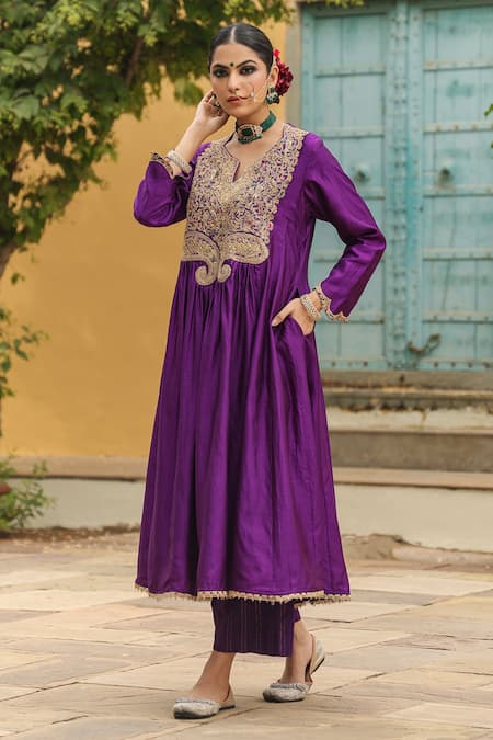 Shop_Label Niti Bothra_Purple Silk, Cotton Embroidery, Zari Split V-neck Yoke Anarkali With Palazzo _Online_at_Aza_Fashions