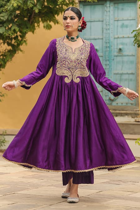 Label Niti Bothra_Purple Silk, Cotton Embroidery, Zari Split V-neck Yoke Anarkali With Palazzo _at_Aza_Fashions