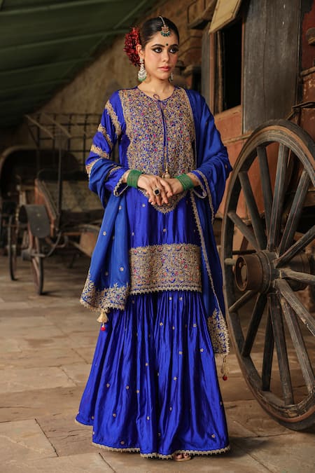 Label Niti Bothra Blue Pure Banarasi Spun Silk Embroidery Zari Dori Floral Kurta Sharara Set 