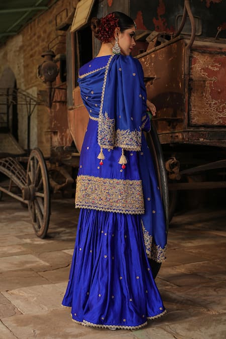 Shop_Label Niti Bothra_Blue Silk Tassels, Embroidery Round Neck Floral Zari Kurta Sharara Set _at_Aza_Fashions
