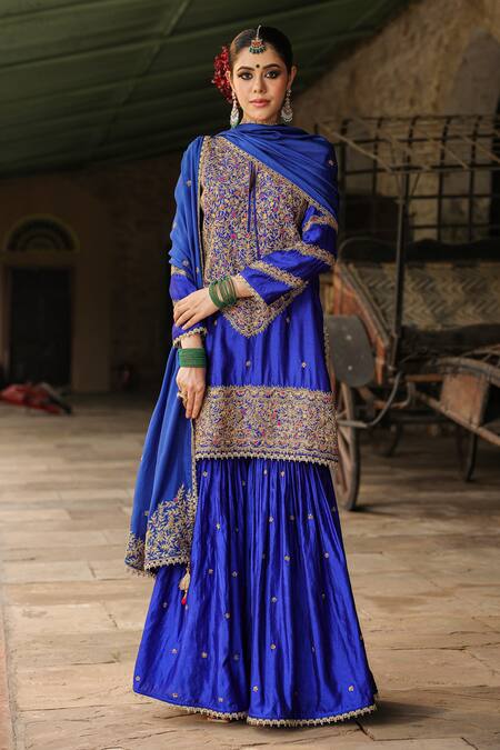 Label Niti Bothra_Blue Silk Tassels, Embroidery Round Neck Floral Zari Kurta Sharara Set _Online_at_Aza_Fashions