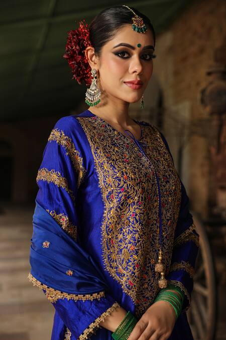 Shop_Label Niti Bothra_Blue Silk Tassels, Embroidery Round Neck Floral Zari Kurta Sharara Set _Online_at_Aza_Fashions