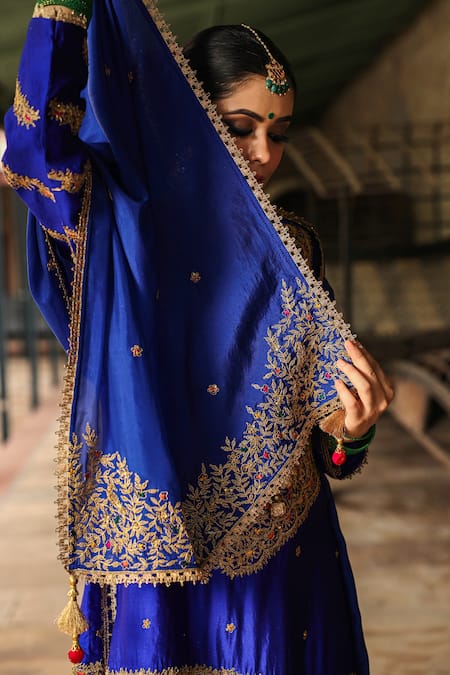 Label Niti Bothra_Blue Silk Tassels, Embroidery Round Neck Floral Zari Kurta Sharara Set _at_Aza_Fashions