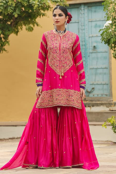 Label Niti Bothra Pink Pure Banarasi Spun Silk Embroidery Zari Dori Flower Kurta Sharara Set 