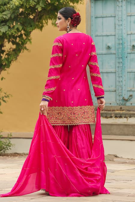 Shop_Label Niti Bothra_Pink Silk Zari, Embroidery Round Neck Flower Kurta Sharara Set _at_Aza_Fashions