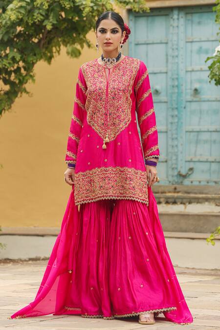 Label Niti Bothra_Pink Silk Zari, Embroidery Round Neck Flower Kurta Sharara Set _Online_at_Aza_Fashions