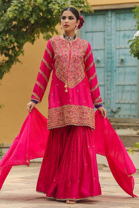 Buy_Label Niti Bothra_Pink Silk Zari, Embroidery Round Neck Flower Kurta Sharara Set _Online_at_Aza_Fashions