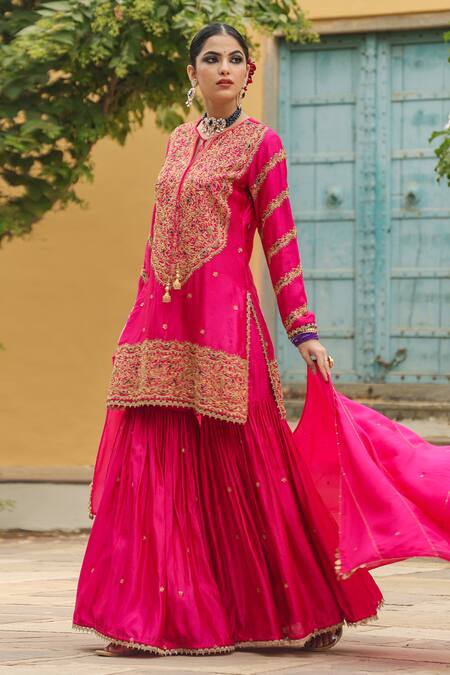 Shop_Label Niti Bothra_Pink Silk Zari, Embroidery Round Neck Flower Kurta Sharara Set _Online_at_Aza_Fashions
