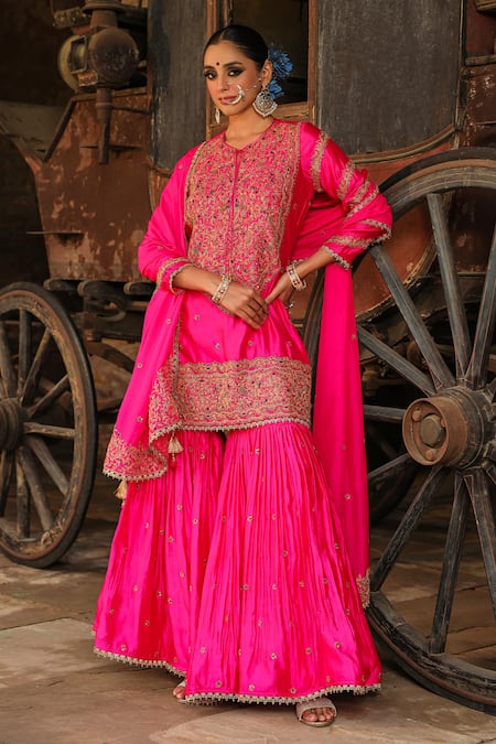 Label Niti Bothra Pink Pure Banarasi Spun Silk Embroidery Zari Flower Resham Kurta Sharara Set 