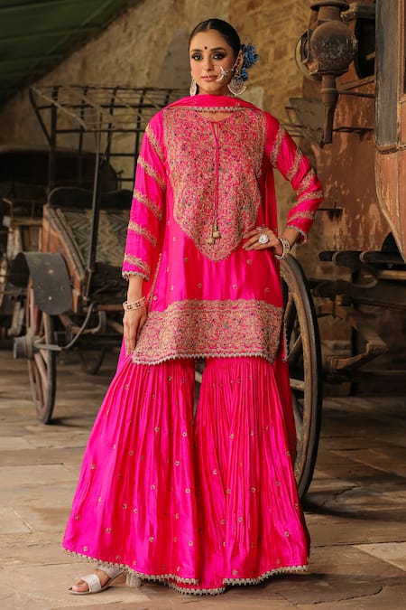 Label Niti Bothra_Pink Silk Embroidery, Zari Round Neck Flower Resham Kurta Sharara Set _Online_at_Aza_Fashions