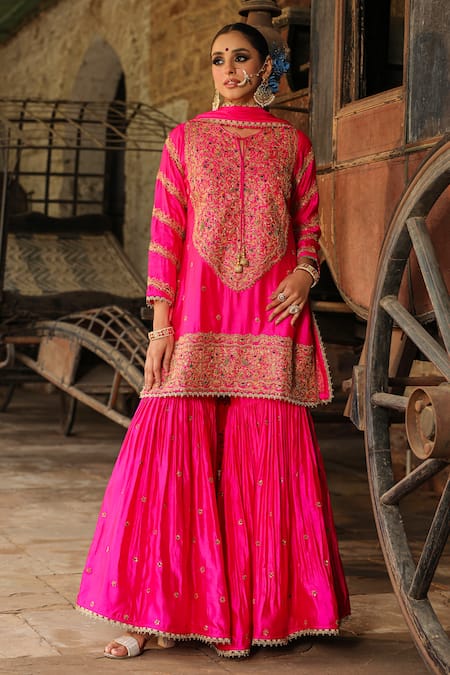 Buy_Label Niti Bothra_Pink Silk Embroidery, Zari Round Neck Flower Resham Kurta Sharara Set _Online_at_Aza_Fashions