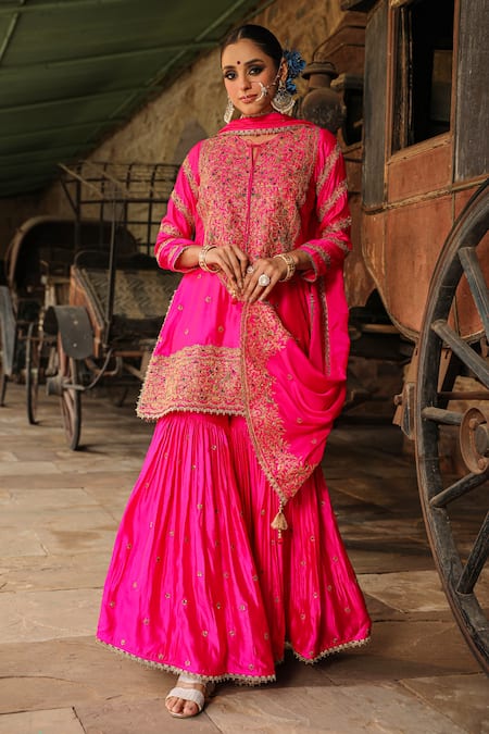 Shop_Label Niti Bothra_Pink Silk Embroidery, Zari Round Neck Flower Resham Kurta Sharara Set _Online_at_Aza_Fashions