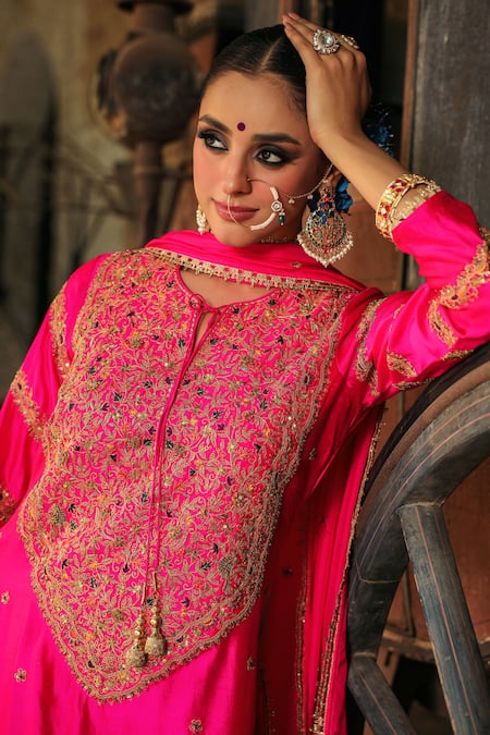 Label Niti Bothra_Pink Silk Embroidery, Zari Round Neck Flower Resham Kurta Sharara Set _at_Aza_Fashions