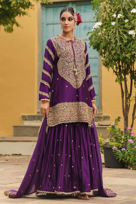 Label Niti Bothra Purple Pure Banarasi Spun Silk Embroidery Zari Dori Flower Kurta Sharara Set 