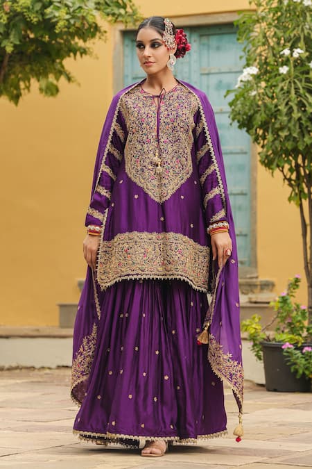 Shop_Label Niti Bothra_Purple Silk Embroidery, Zari, Tassels Round Neck Flower Dori Kurta Sharara Set _at_Aza_Fashions