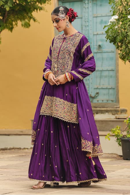 Label Niti Bothra_Purple Silk Embroidery, Zari, Tassels Round Neck Flower Dori Kurta Sharara Set _Online_at_Aza_Fashions