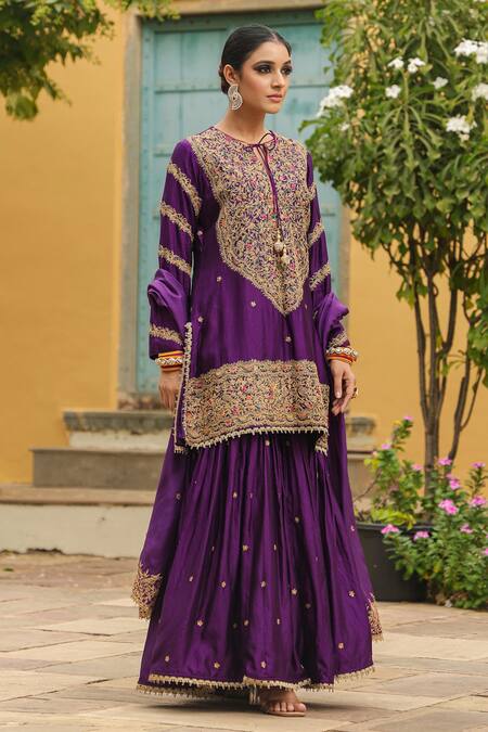 Buy_Label Niti Bothra_Purple Silk Embroidery, Zari, Tassels Round Neck Flower Dori Kurta Sharara Set _Online_at_Aza_Fashions