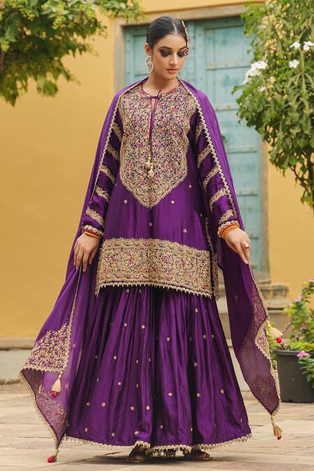 Shop_Label Niti Bothra_Purple Silk Embroidery, Zari, Tassels Round Neck Flower Dori Kurta Sharara Set _Online_at_Aza_Fashions