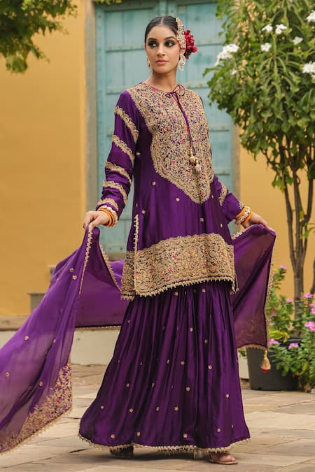 Label Niti Bothra_Purple Silk Embroidery, Zari, Tassels Round Neck Flower Dori Kurta Sharara Set _at_Aza_Fashions