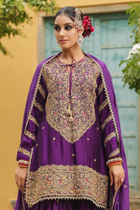 Buy Label Niti Bothra Purple Silk Embroidery, Zari, Tassels Round Neck Flower Dori Kurta Sharara Set Buy_Label Niti Bothra_Purple Silk Embroidery, Zari, Tassels Round Neck Flower Dori Kurta Sharara Set