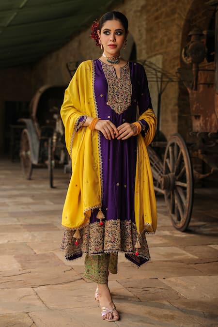 Label Niti Bothra Purple Anarkali Pure Banarasi Spun Silk Embroidery Zari Dori Salwar Set 