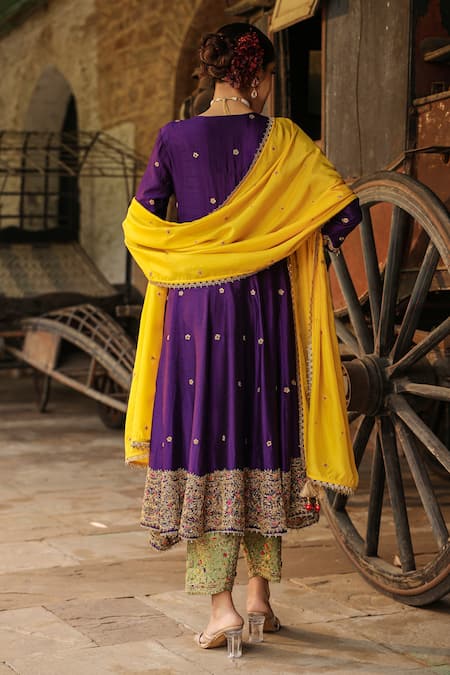 Shop_Label Niti Bothra_Purple Silk, Chanderi Zari, Embroidery Banarasi Spun Anarkali Salwar Set _at_Aza_Fashions