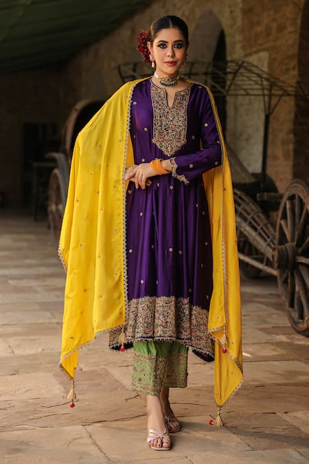 Buy_Label Niti Bothra_Purple Silk, Chanderi Zari, Embroidery Banarasi Spun Anarkali Salwar Set _Online_at_Aza_Fashions