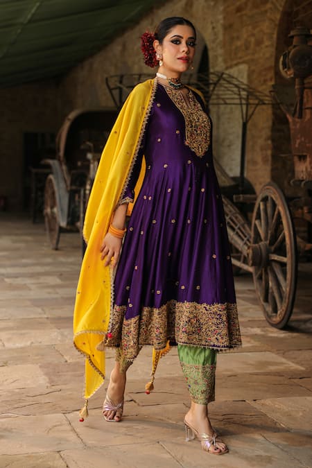 Shop_Label Niti Bothra_Purple Silk, Chanderi Zari, Embroidery Banarasi Spun Anarkali Salwar Set _Online_at_Aza_Fashions