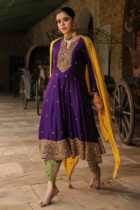 Label Niti Bothra_Purple Silk, Chanderi Zari, Embroidery Banarasi Spun Anarkali Salwar Set _at_Aza_Fashions