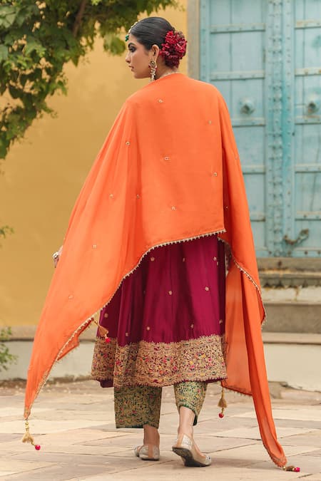 Shop_Label Niti Bothra_Wine Silk, Chanderi Zari, Embroidery Round Banarasi Spun Anarkali Salwar Set _at_Aza_Fashions