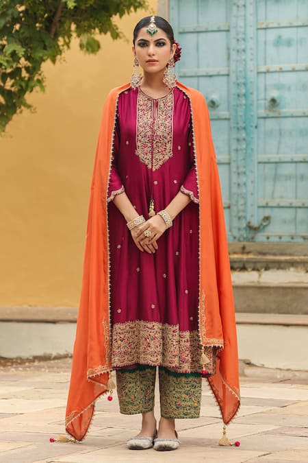 Label Niti Bothra_Wine Silk, Chanderi Zari, Embroidery Round Banarasi Spun Anarkali Salwar Set _Online_at_Aza_Fashions