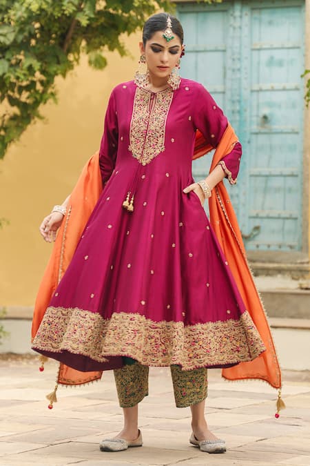 Shop_Label Niti Bothra_Wine Silk, Chanderi Zari, Embroidery Round Banarasi Spun Anarkali Salwar Set _Online_at_Aza_Fashions