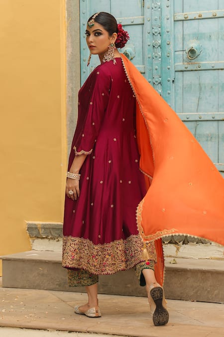 Label Niti Bothra_Wine Silk, Chanderi Zari, Embroidery Round Banarasi Spun Anarkali Salwar Set _at_Aza_Fashions