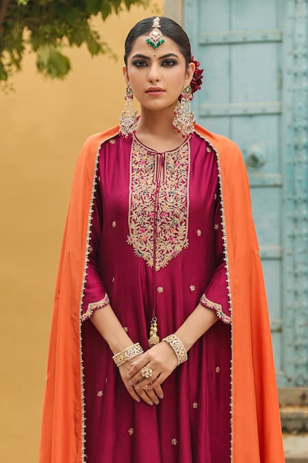 Buy Label Niti Bothra Wine Silk, Chanderi Zari, Embroidery Round Banarasi Spun Anarkali Salwar Set Buy_Label Niti Bothra_Wine Silk, Chanderi Zari, Embroidery Round Banarasi Spun Anarkali Salwar Set