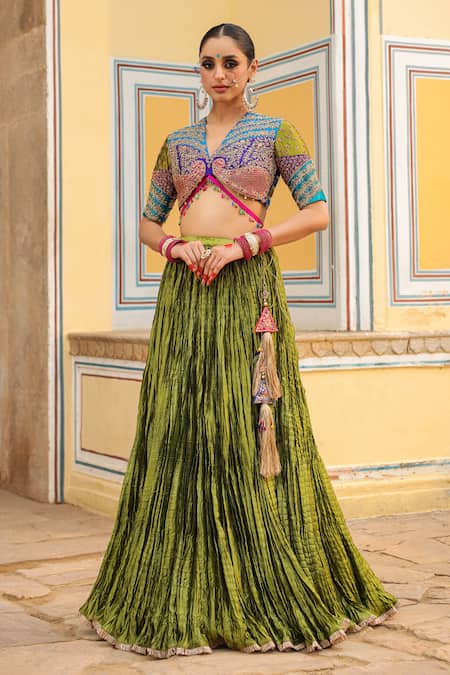 Label Niti Bothra_Green Silk Embroidery, Stones V-neck Pleated Lehenga Floral Blouse Set _Online_at_Aza_Fashions