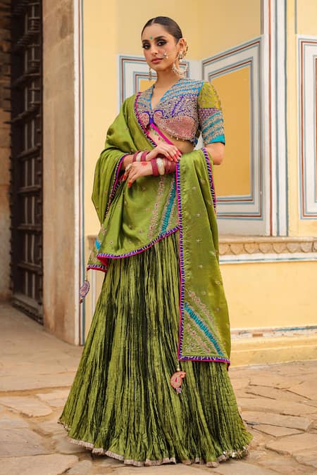 Buy_Label Niti Bothra_Green Silk Embroidery, Stones V-neck Pleated Lehenga Floral Blouse Set _Online_at_Aza_Fashions