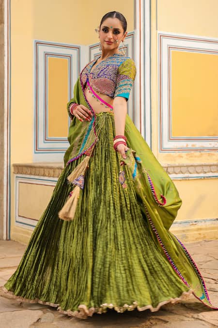 Shop_Label Niti Bothra_Green Silk Embroidery, Stones V-neck Pleated Lehenga Floral Blouse Set _Online_at_Aza_Fashions